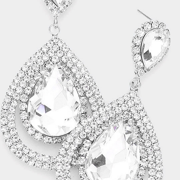 Silver Rhinestone Crystal Dangle Earrings Trimmed Teardrop Statement Evening - Picture 2 of 3
